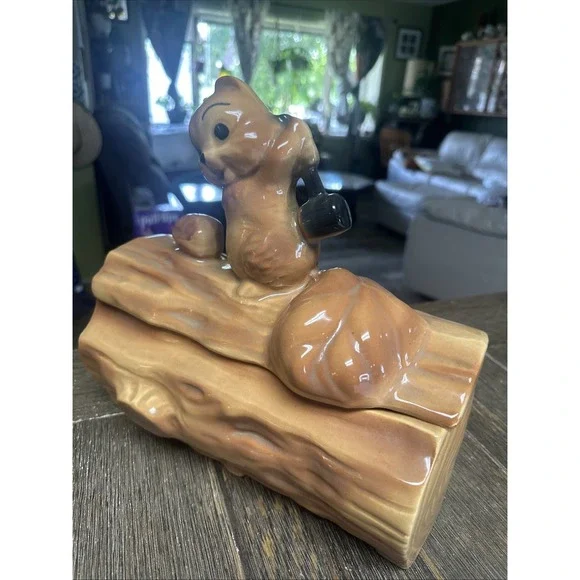Vintage MCM Brush McCoy Squirrel & Nut On A Log Cookie Jar Mid Century - Picture 3 of 12